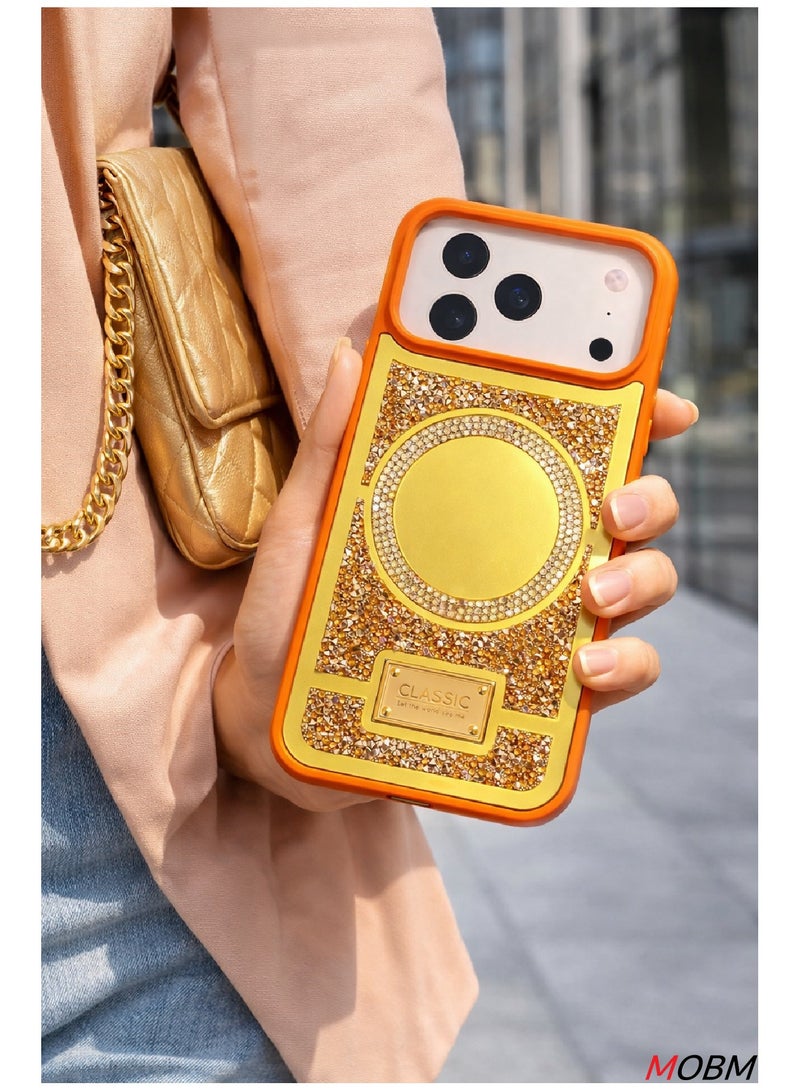 MOBM Case for iPhone 17 Pro Case with Mirror Cute Luxury Sparkle Glitter Diamond Crystal Rhinestone Protective Cover Orange (iPhone "17 Pro") - Image 3